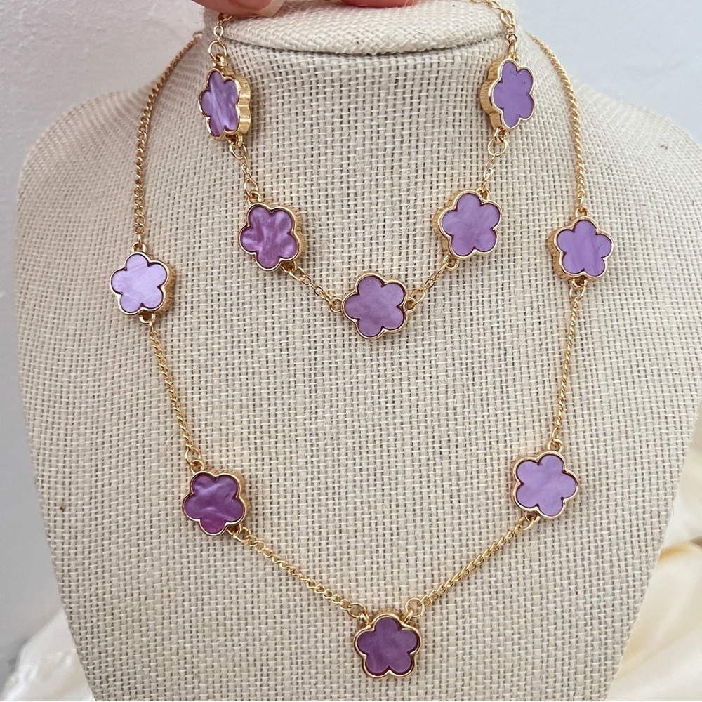 18K Gold Plated Purple clover Necklace SET chain stainless steel Womens jewelry